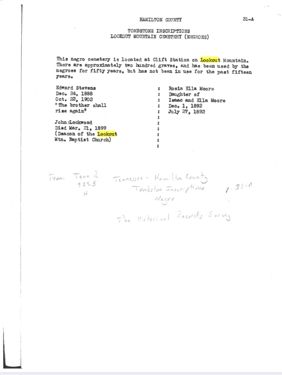 Hamilton County 31-A tombstone inscriptions record with handwritten source notes