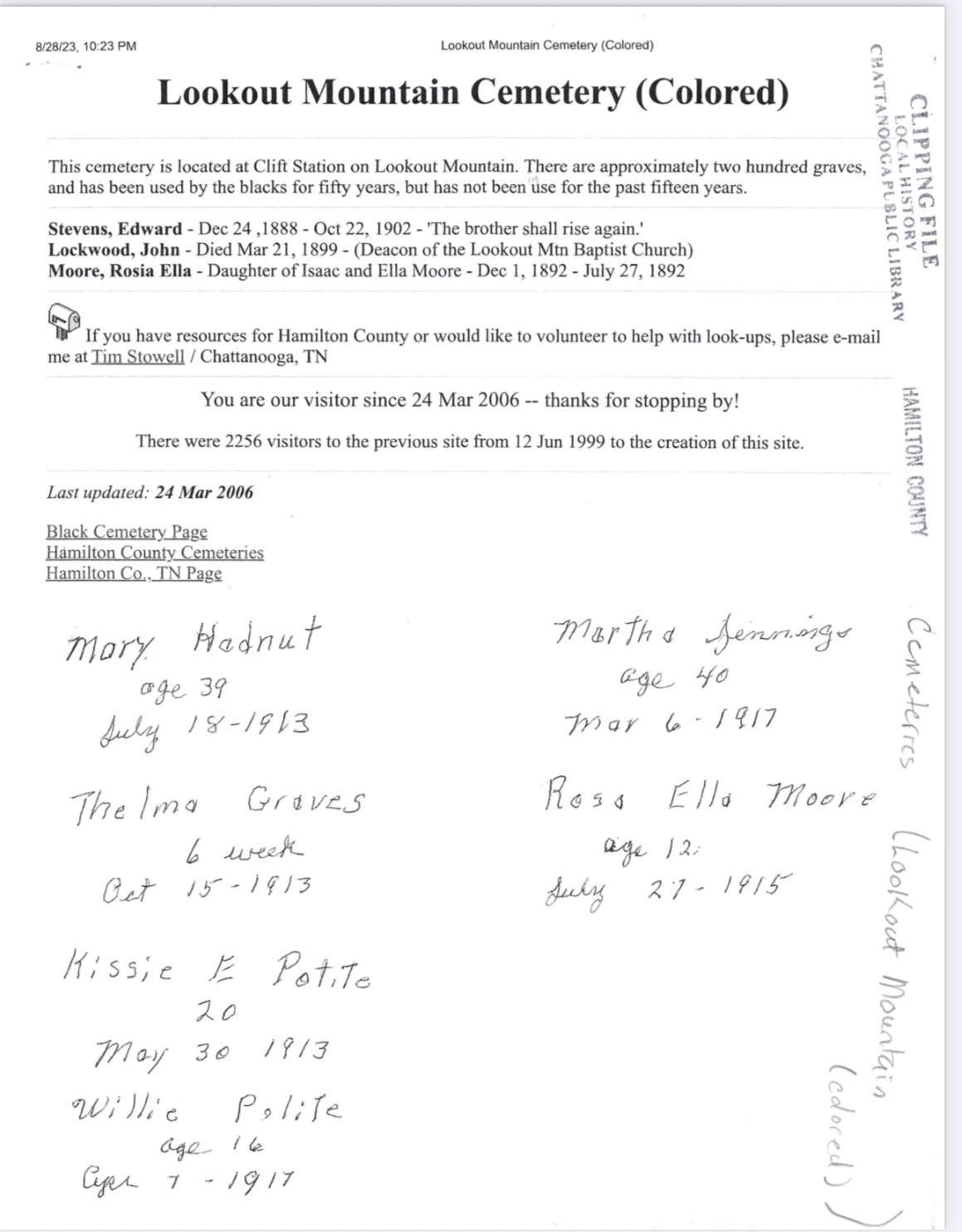 Original HC-labeled Lookout Mountain Cemetery record with handwritten additions