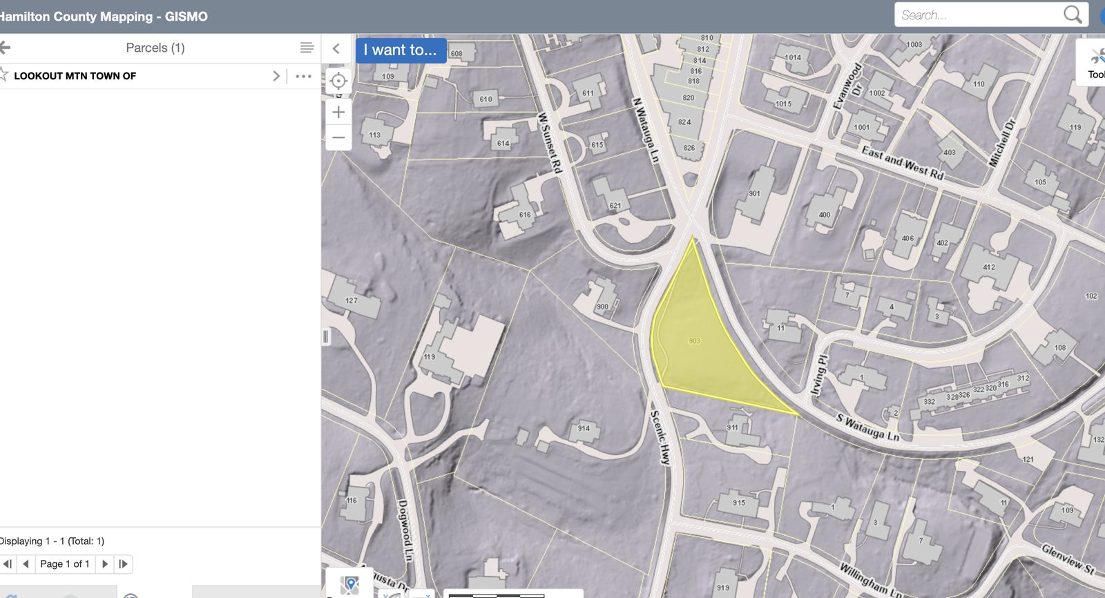 GISMO map with a yellow-highlighted parcel between Scenic Highway and South Watauga Lane.